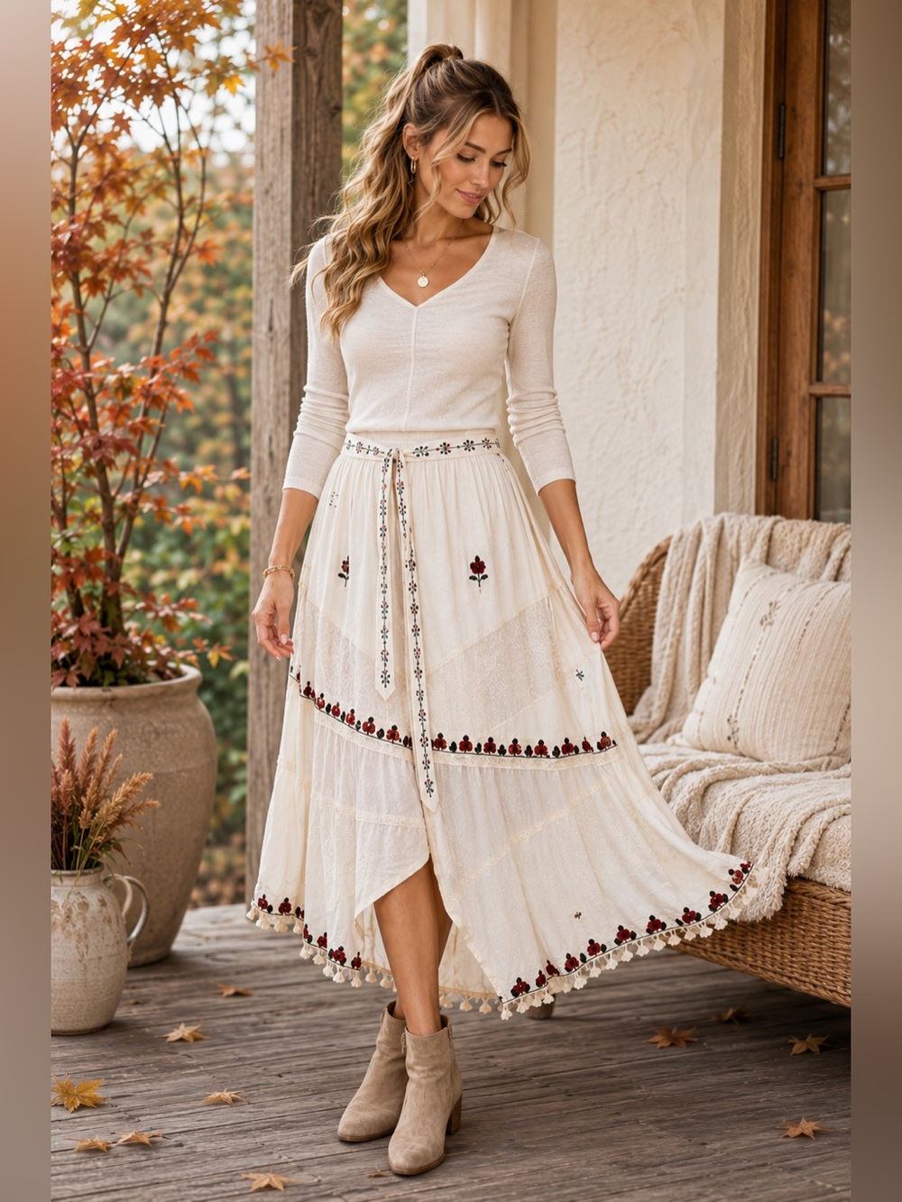 Shoreline Embroidered Boho Wrap Midi Skirt One Size Cream Rayon